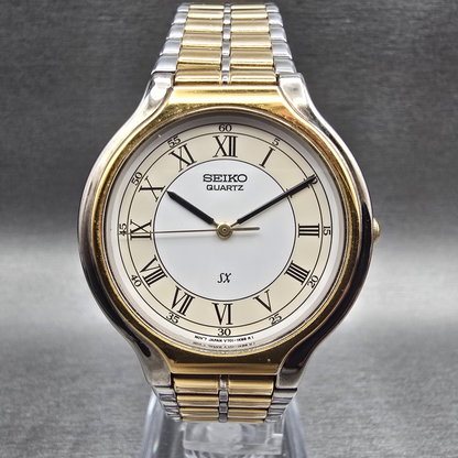 Seiko SX Watch Men 34mm White Dial Two Tone Round V701-6J60 New Battery VintageL0