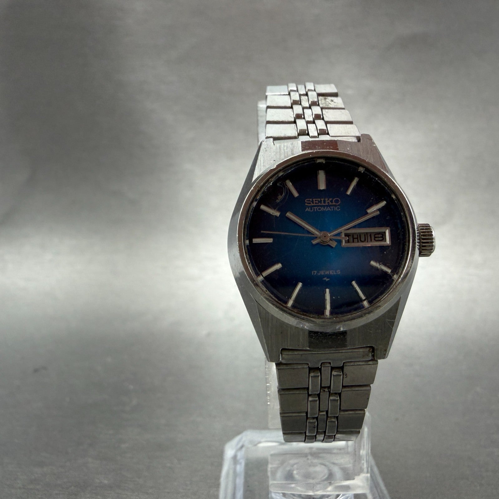 Seiko Automatic Watch Women 25mm Blue Dial Silver Tone Daydate 2206-0720 Runs5