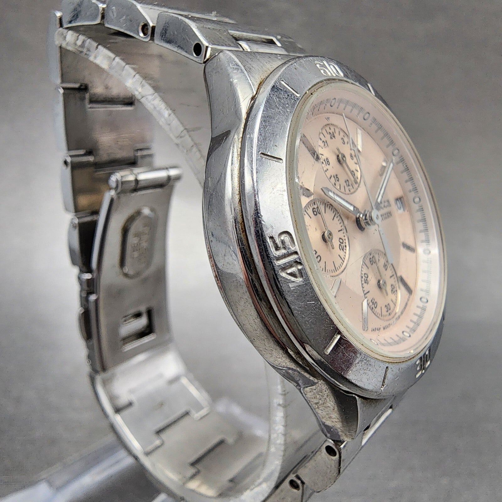Citizen WICCA Chronograph Watch Women 32mm Pink Dial Silver Tone Date NewBattery3