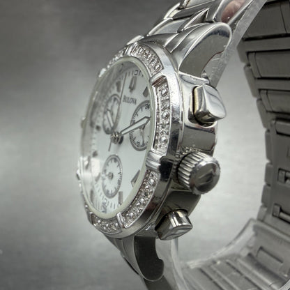 Bulova Chronograph Watch Women 30mm White Dial Silver Tone Date 96R19 New BattAB2