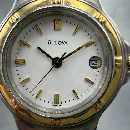 Bulova Watch Women 25mm White Dial Two Tone Date Round 98M36 New Battery K931