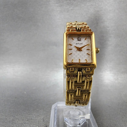 Bulova Tank Watch Women 16mm White Dial Gold Tone Rectangle 97S42 New Battery5