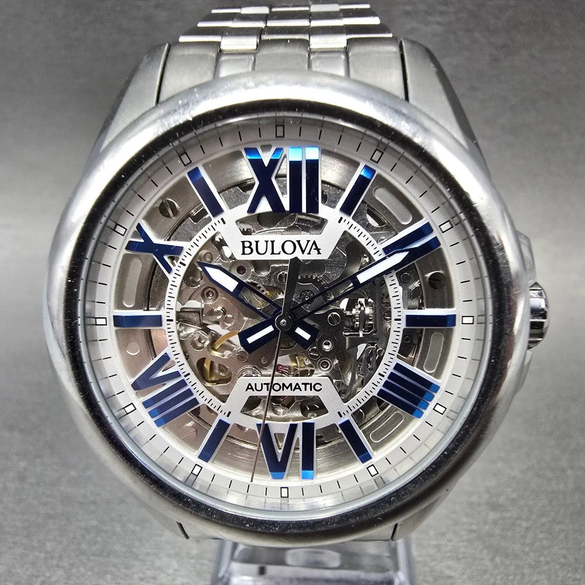 Bulova Sutton Skeleton Automatic Watch Men 43mm Silver Dial Steel 96A187 Works0