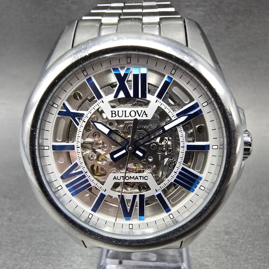 Bulova Sutton Skeleton Automatic Watch Men 43mm Silver Dial Steel 96A187 Works0