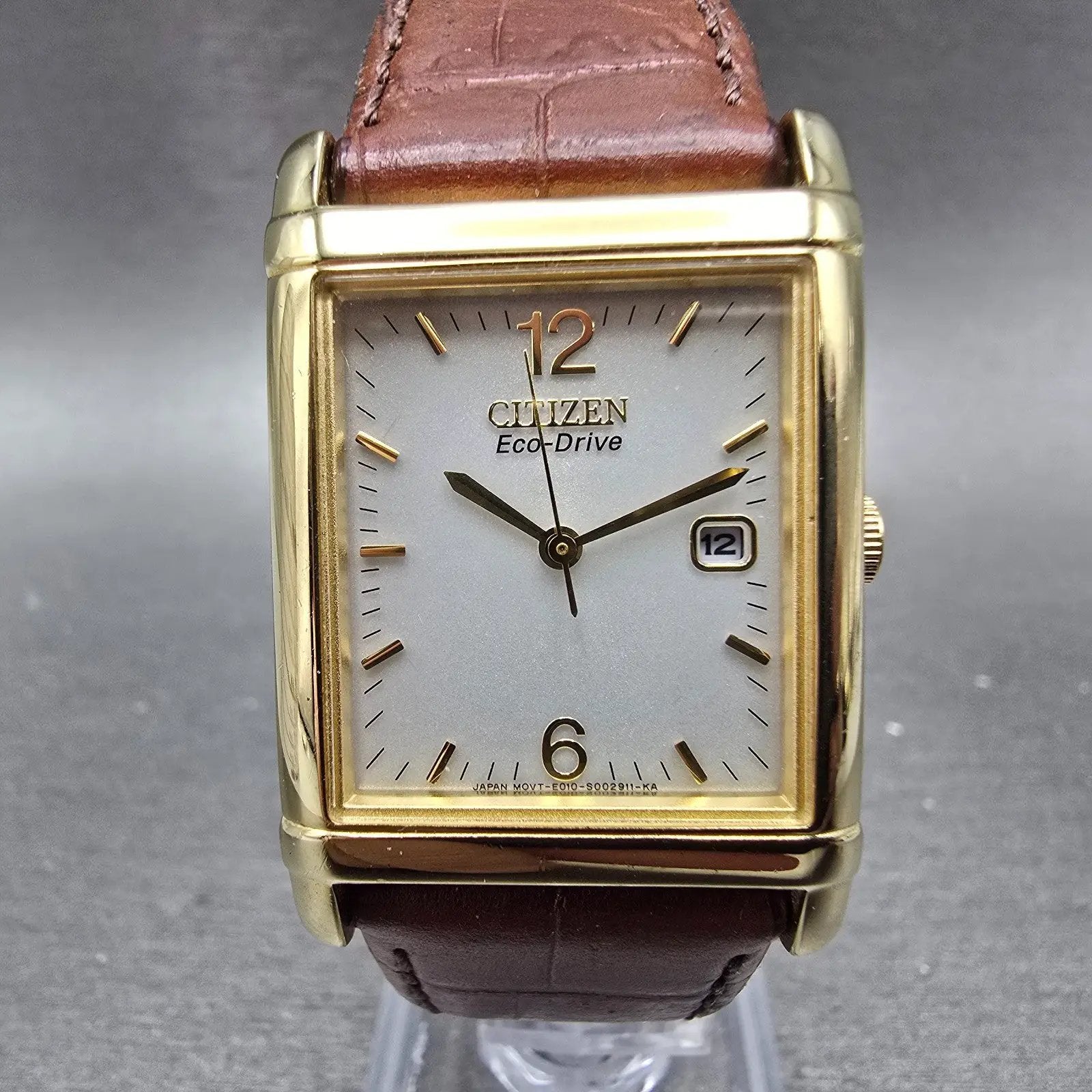 Citizen Eco-Drive Tank Watch Men 25mm Silver Dial Gold Tone Rectangle Date Runs0
