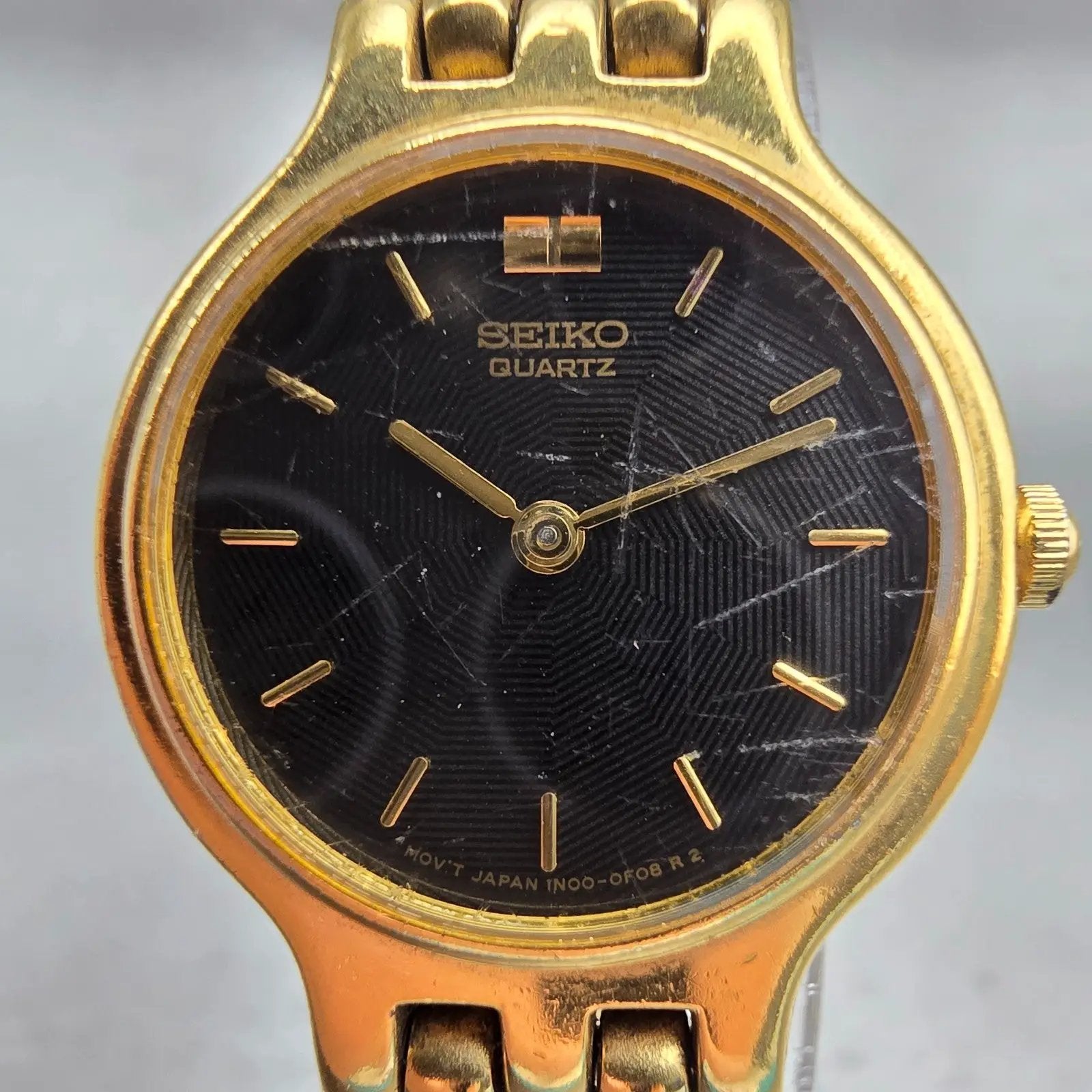 Seiko Watch Women 22mm Black Dial Gold Tone Round 1N00-0A99 New Battery Vintage1