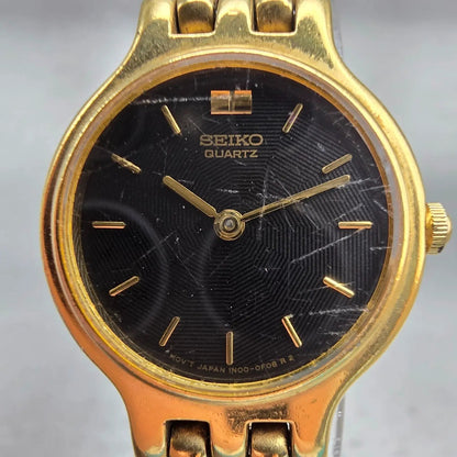 Seiko Watch Women 22mm Black Dial Gold Tone Round 1N00-0A99 New Battery Vintage1