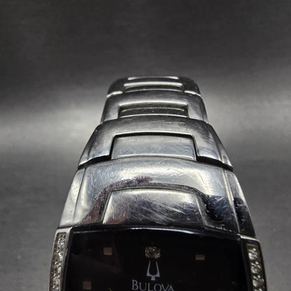 Bulova Watch Men 30mm Black Dial Silver Diamonds Date Rectangle 96E02 New Batt5
