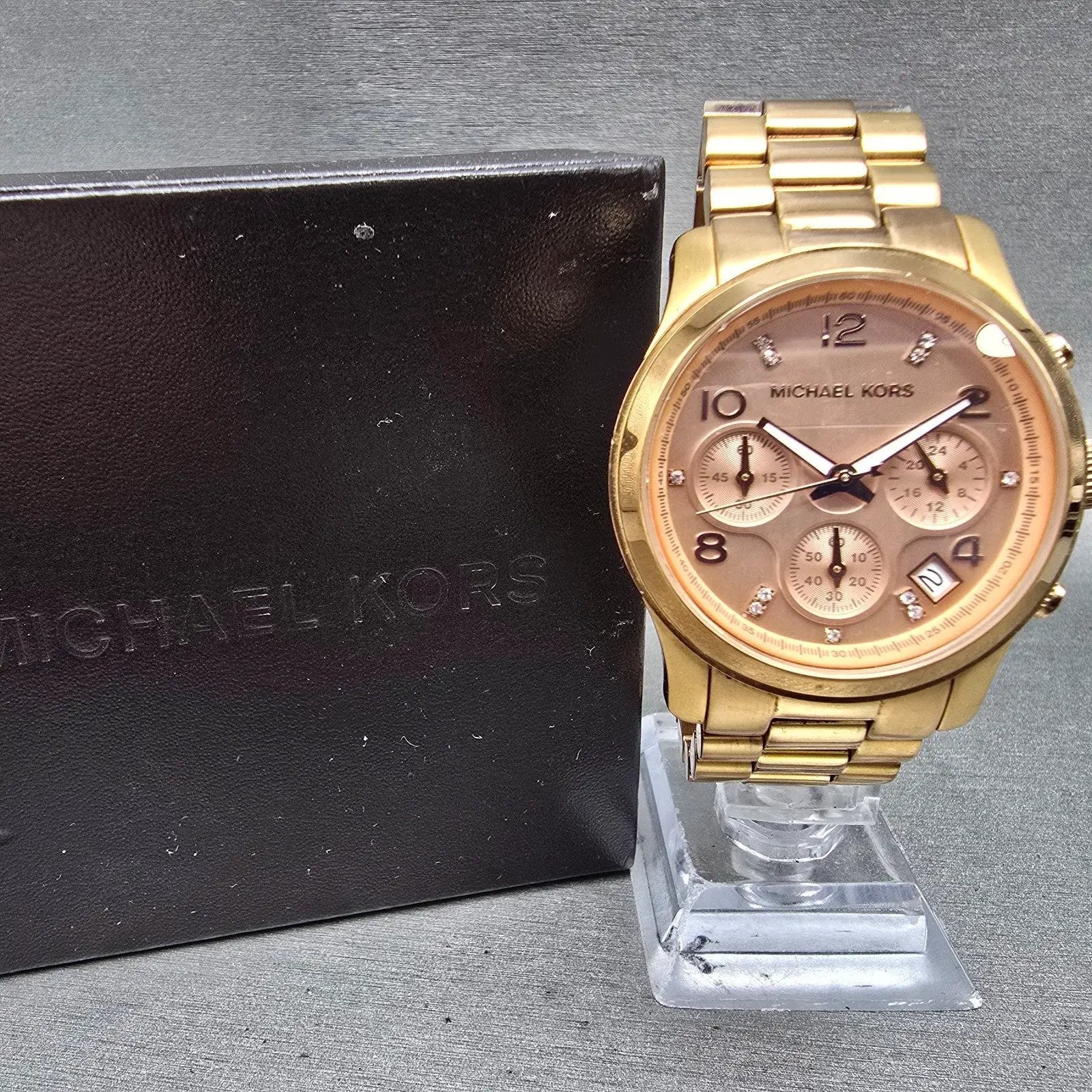 Michael Kors Chronograph Watch Women 38mm Pink Dial Rose Gold Tone MK5368 NewBat0