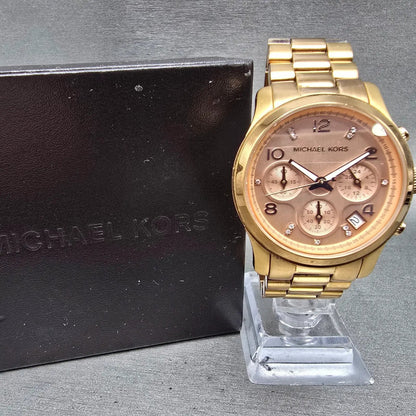 Michael Kors Chronograph Watch Women 38mm Pink Dial Rose Gold Tone MK5368 NewBat0