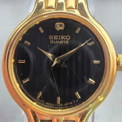Seiko Watch Women 19mm Black Dial Gold Tone Round 1N00-0B29 New Battery Vintage1