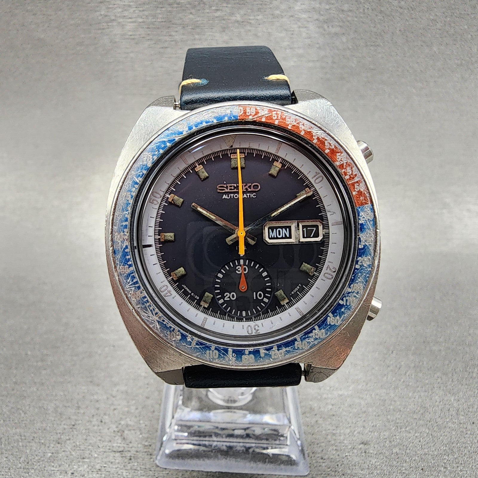 Seiko Pogue Chronograph Watch Men 41mm Blue Dial Steel Daydate 6139 Serviced0