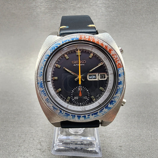 Seiko Pogue Chronograph Watch Men 41mm Blue Dial Steel Daydate 6139 Serviced0