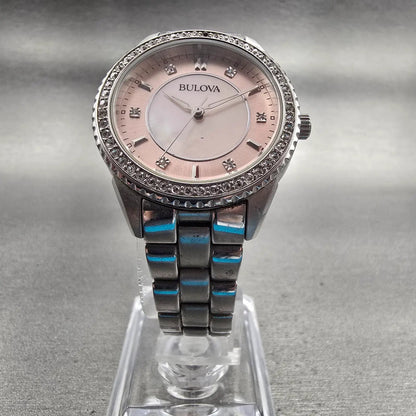 Bulova Watch Women 30mm MOP Dial Silver Tone Gemmed Round 96L218 New Battery5