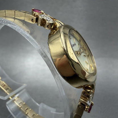 Elgin Watch Women 18mm MOP Dial Gold Tone Oval Ruby Diamond Bezel New Battery3