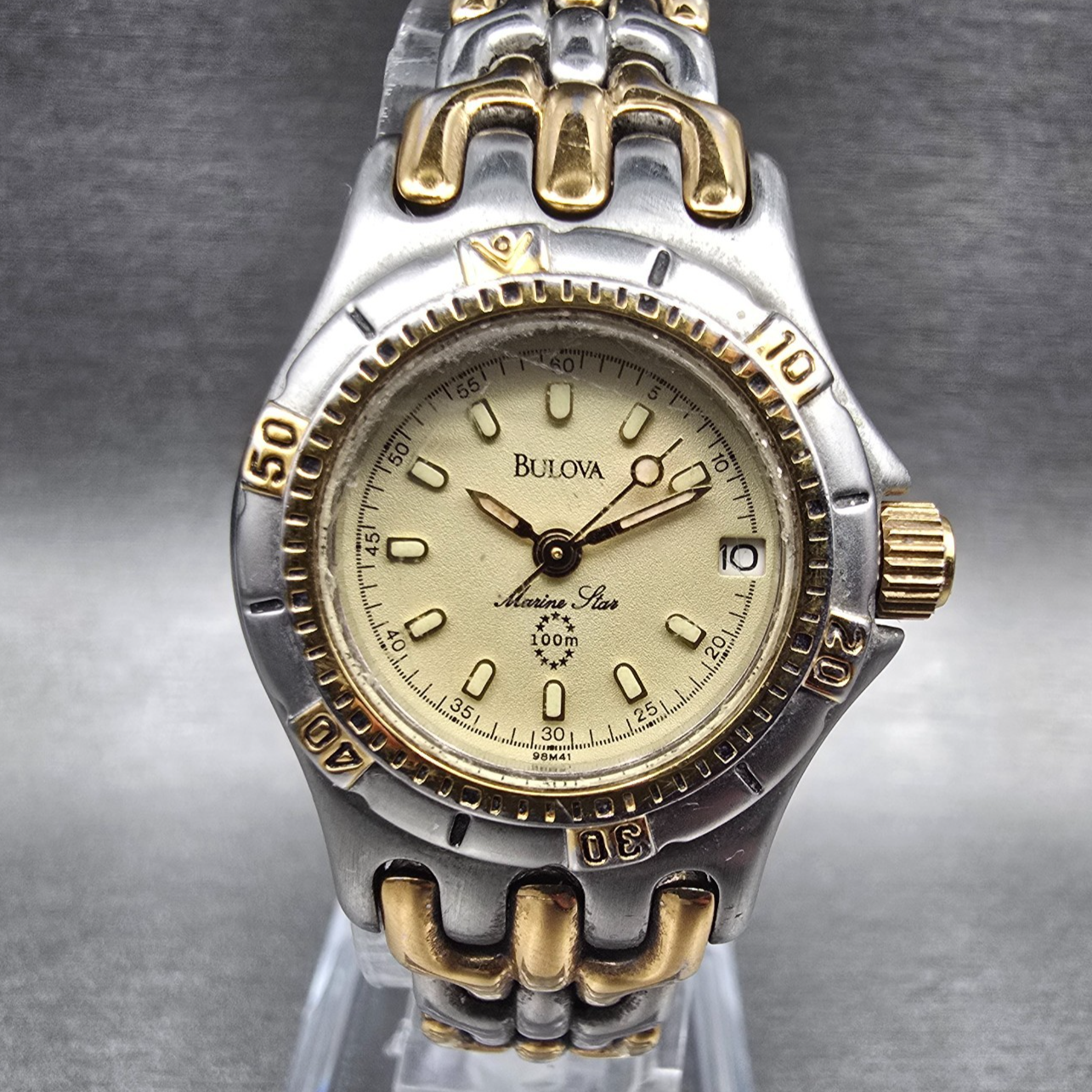Bulova Marine Star Womens Watch 24mm Champagne Dial Two Tone Date 98M41 New Batt0