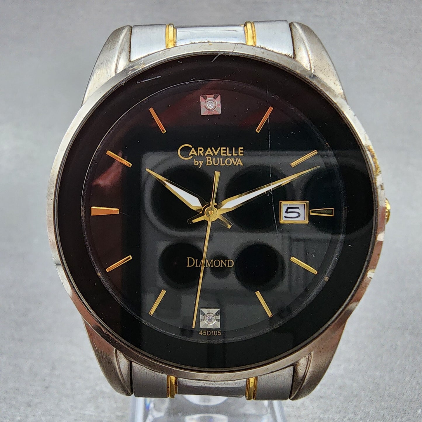 Bulova Caravelle Watch Men 40mm Black Dial two Tone Date Round 45D105 New Batt1