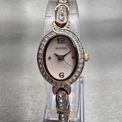 Bulova Watch Women 17mm MOP Dial Gold Tone Gemmed Oval 98L200 New Battery AD0