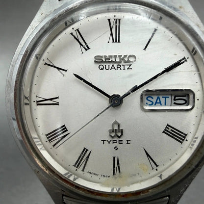 Seiko Type II Watch Men 37mm White Dial Silver Tone Daydate 7546-7010 New Batt1