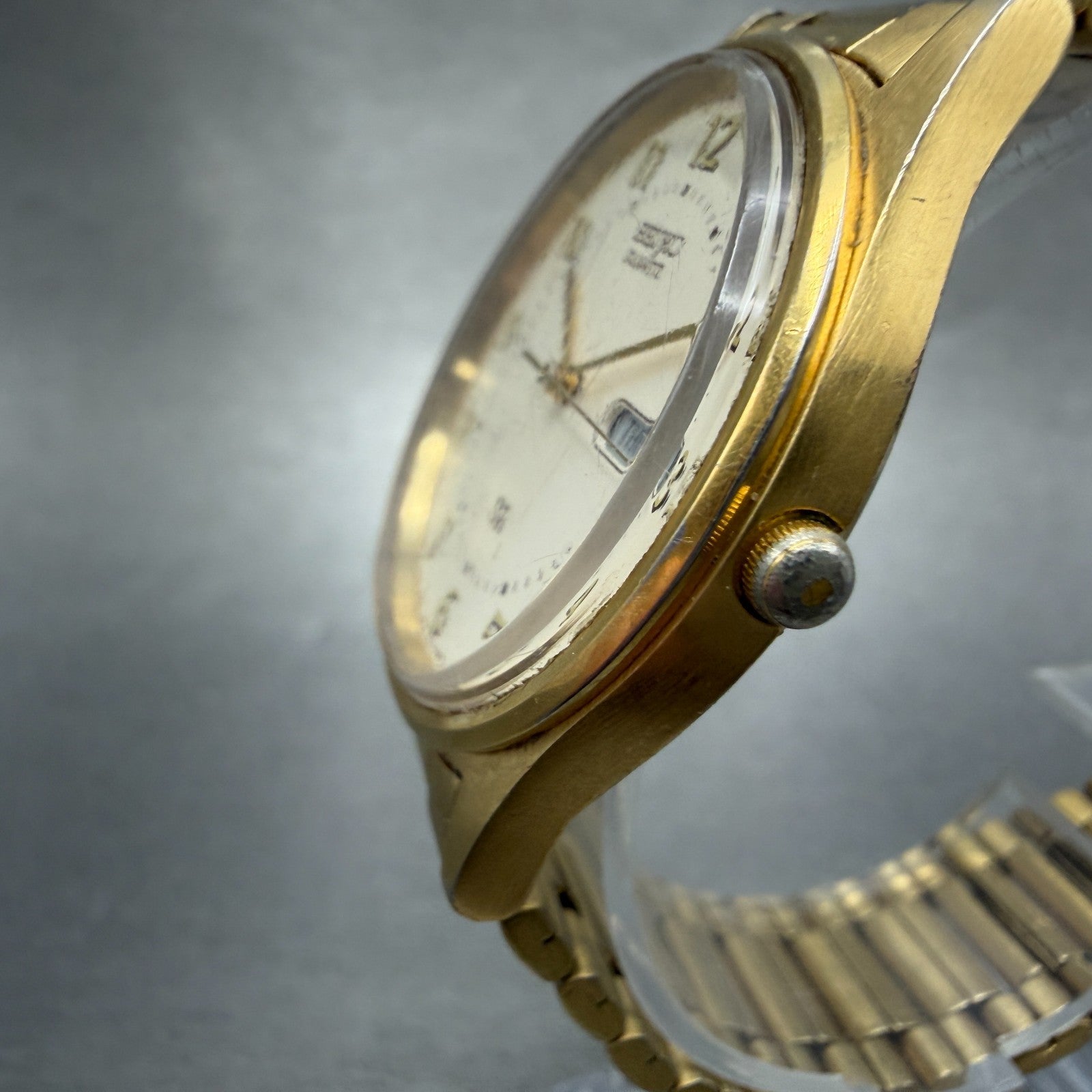 Seiko SQ Watch Men 35mm Cream Dial Gold Tone Daydate Round 5y23-8049 New Battery2