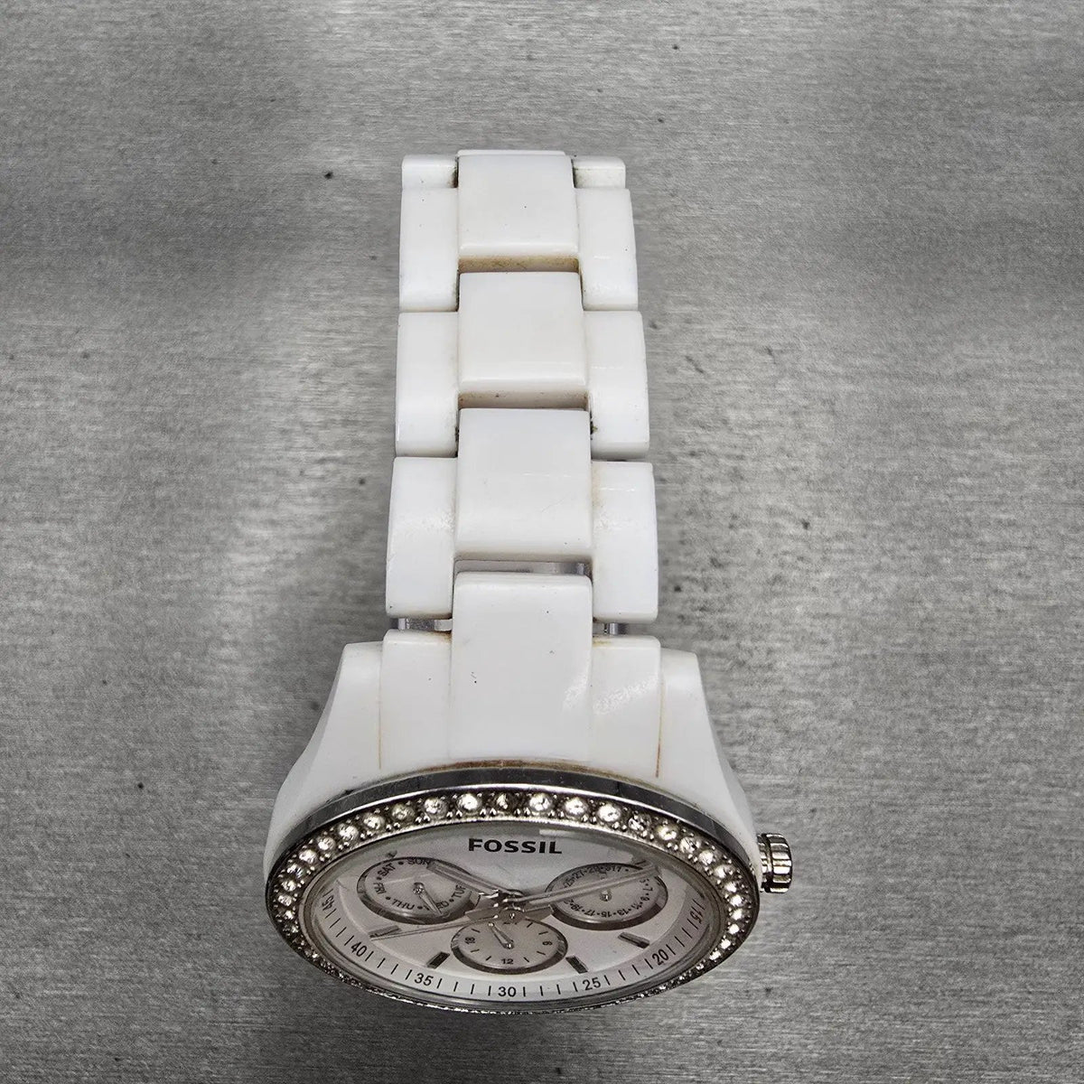 Fossil Stella Day Watch Women 38mm White Dial White Tone Daydate ES1967 New Batt4