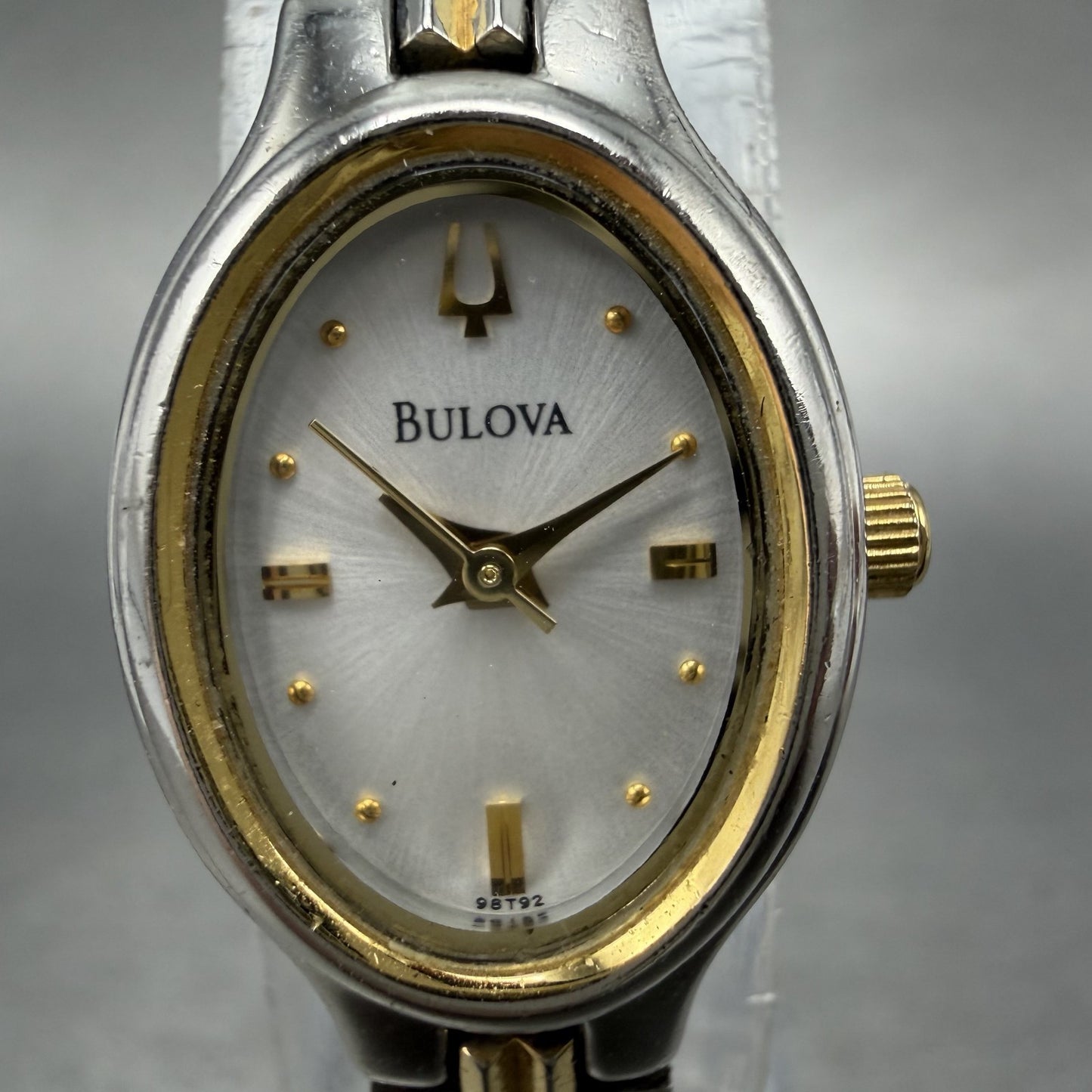 Bulova Watch Women 17mm Silver Dial Two Tone Oval 98T92 New Battery1