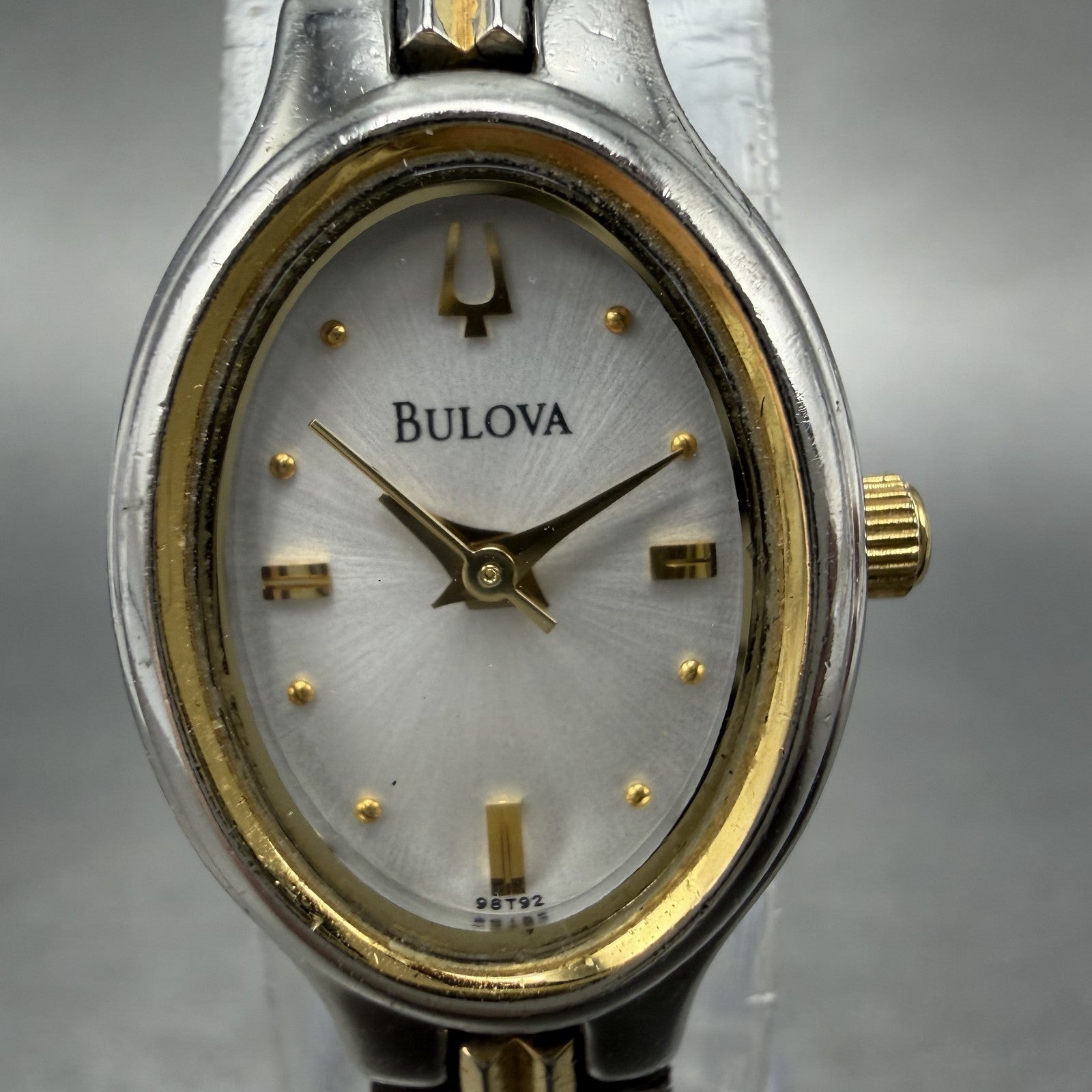 Bulova Watch Women 17mm Silver Dial Two Tone Oval 98T92 New Battery1