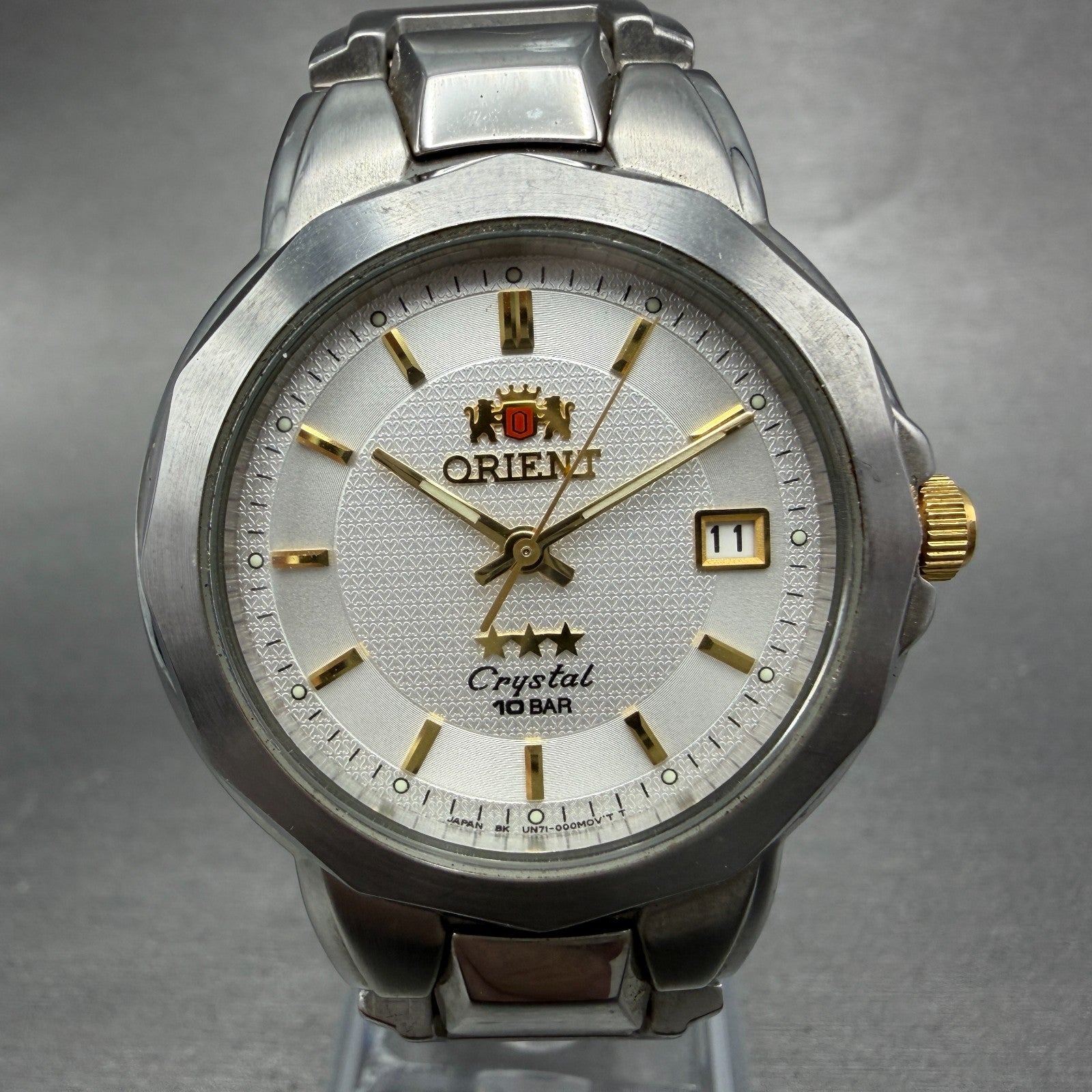 Orient Crystal Tri Star Watch Men 36mm White Dial Steel Date Round New Battery0