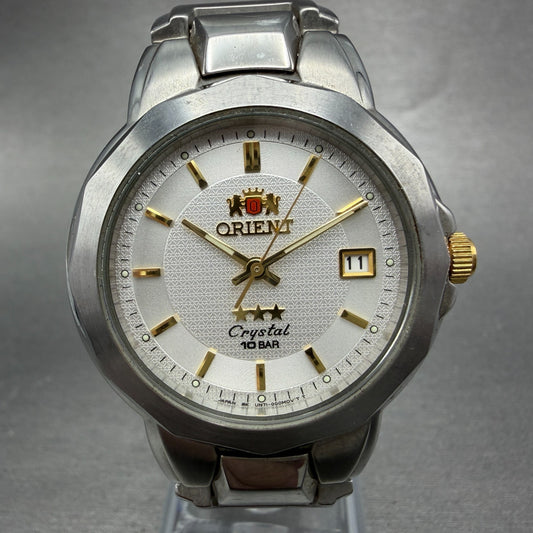 Orient Crystal Tri Star Watch Men 36mm White Dial Steel Date Round New Battery0