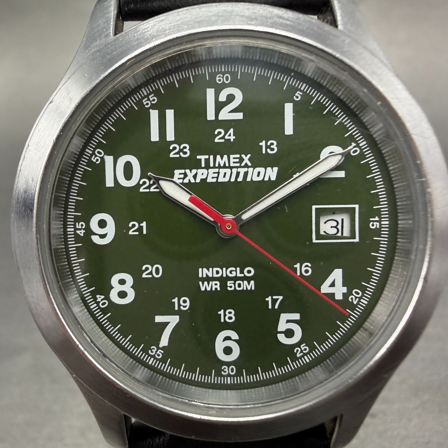 Timex Expedition Watch men 37mm Green Dial Silver Tone Date Round New Battery1