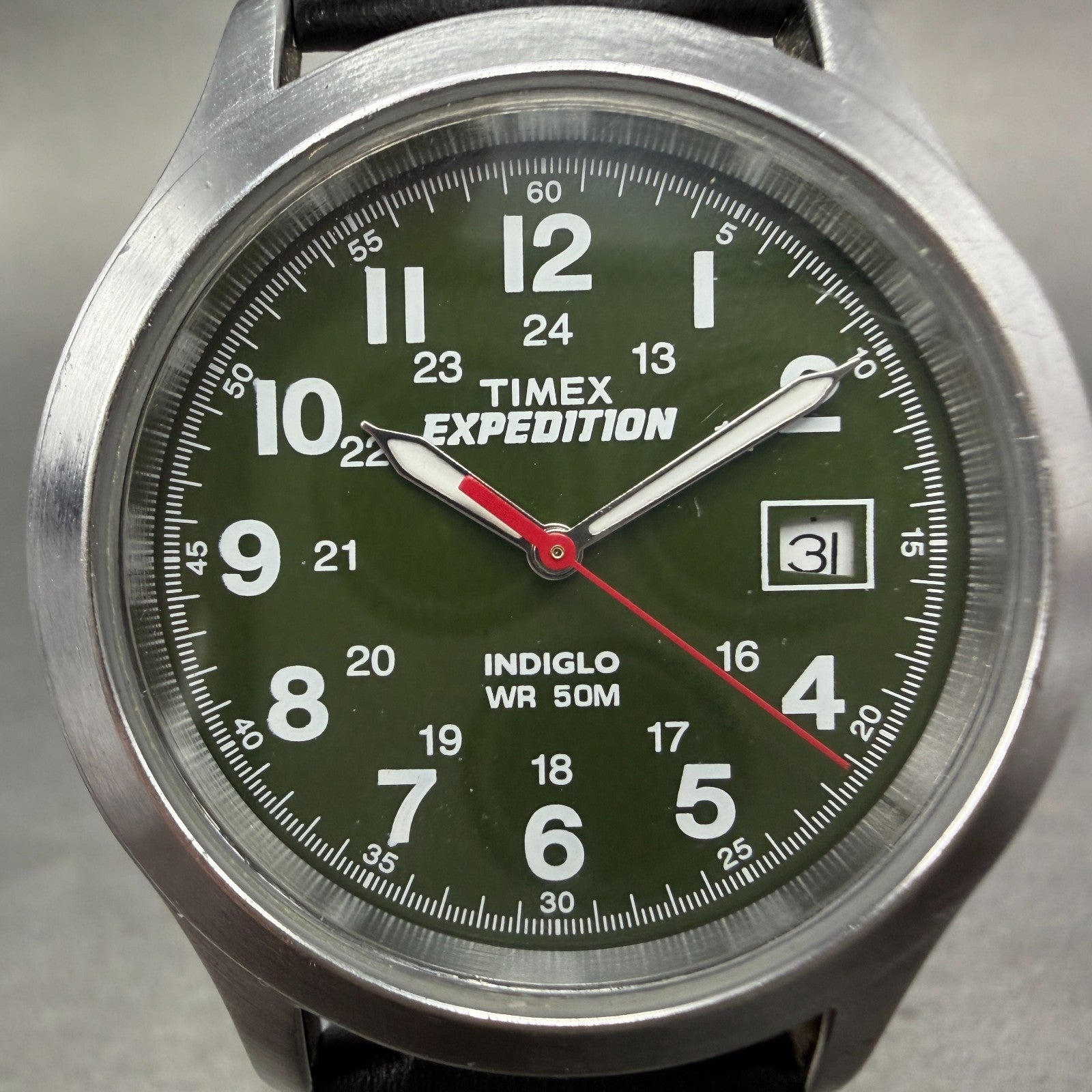 Timex Expedition Watch men 37mm Green Dial Silver Tone Date Round New Battery1