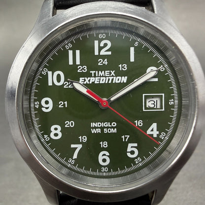Timex Expedition Watch men 37mm Green Dial Silver Tone Date Round New Battery1