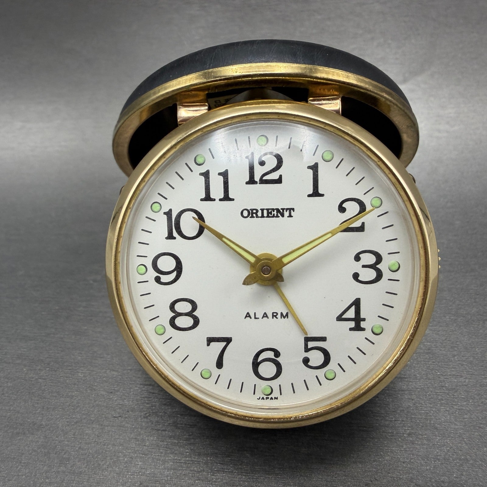 Orient Travel Alarm White Dial Gold Tone Brown Case Manual Wind Runs VTG0