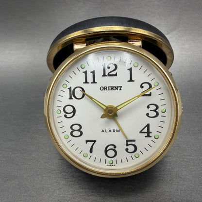 Orient Travel Alarm White Dial Gold Tone Brown Case Manual Wind Runs VTG0