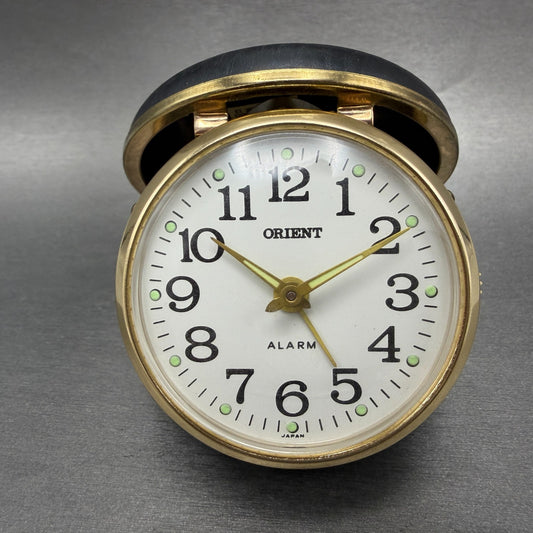 Orient Travel Alarm White Dial Gold Tone Brown Case Manual Wind Runs VTG0