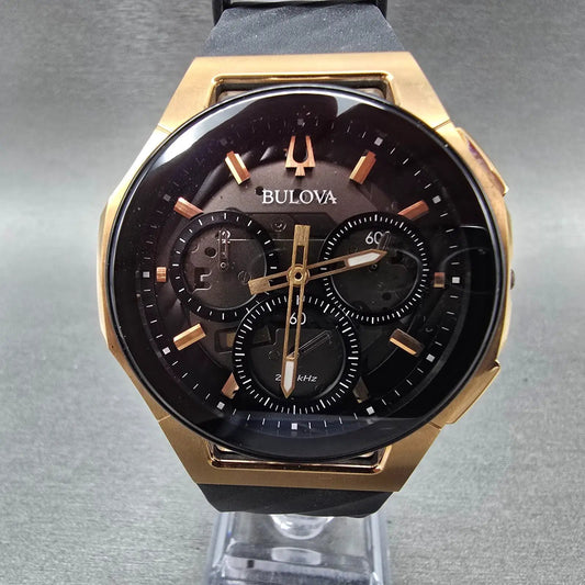 Bulova CURV Chronograph Watch Men 44mm Black Dial Roes Gold 98A185 PARTS0