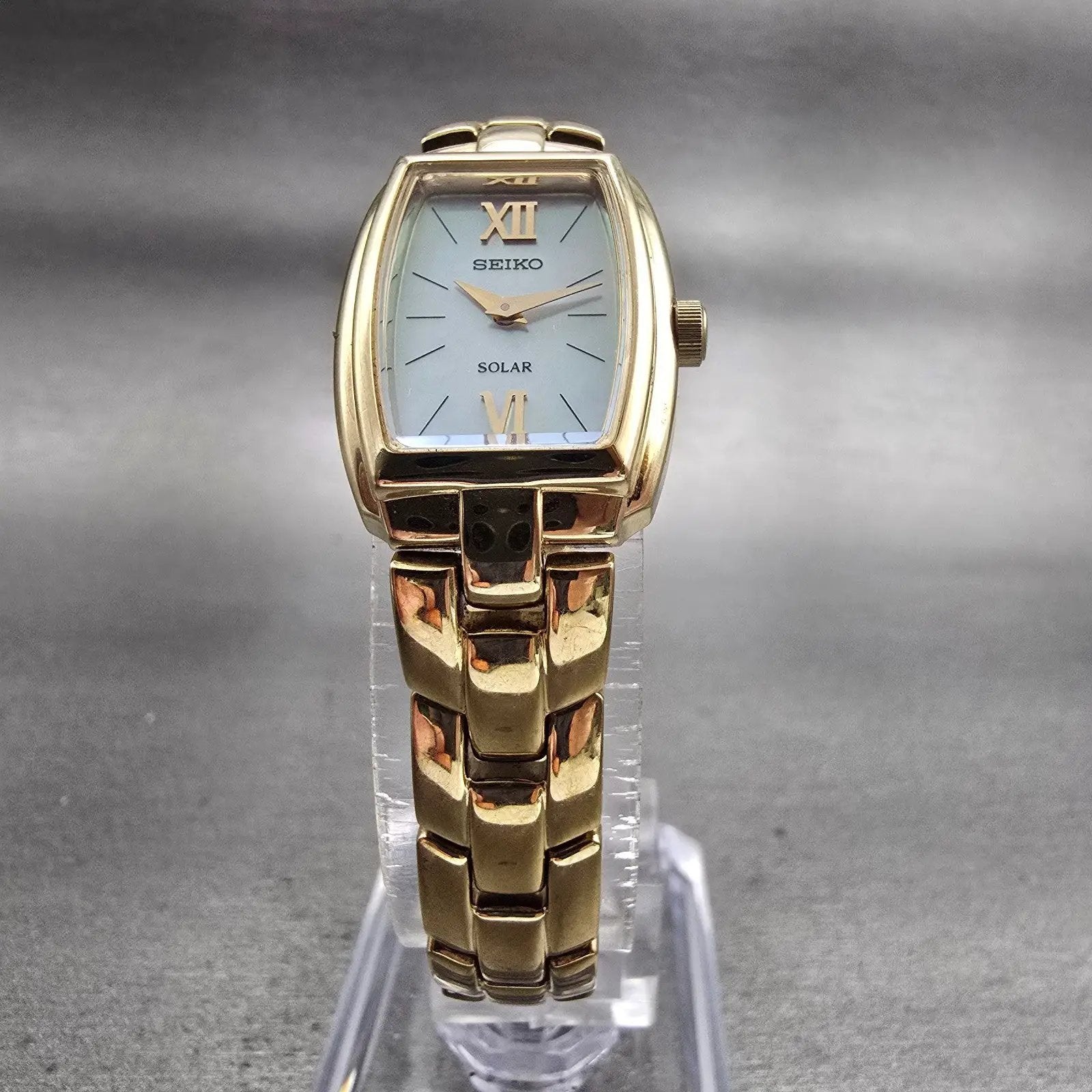 Seiko Solar Watch Women 18mm MOP Dial Gold Tone Rectangle V115-0AA0 Works5