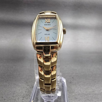 Seiko Solar Watch Women 18mm MOP Dial Gold Tone Rectangle V115-0AA0 Works5