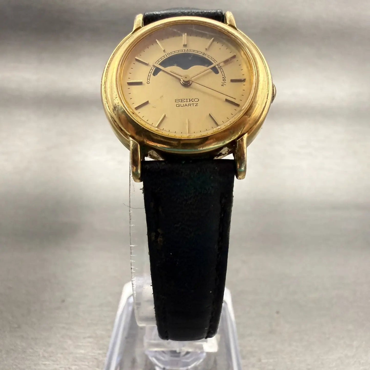 Seiko Moon Phase Watch Men 26mm Gold Dial Gold Tone Round 2A24-0090 New Battery5