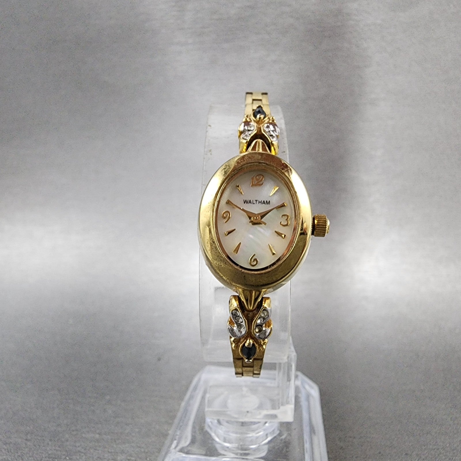 Waltham Watch Women MOP Dial Gold Tone Oval Crystal Accents New Battery5