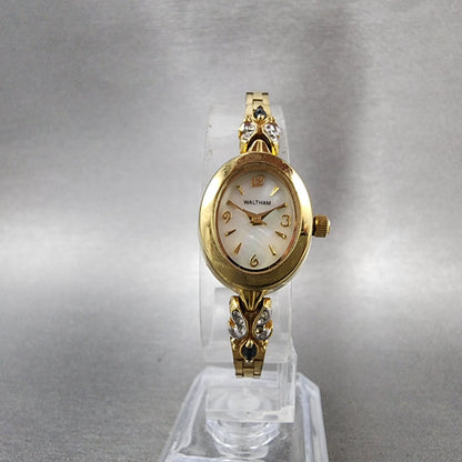 Waltham Watch Women MOP Dial Gold Tone Oval Crystal Accents New Battery5