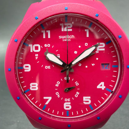 Swatch Chrono Pink Frame Watch Men 42mm Pink Dial Pink Tone Date Round New Batt1