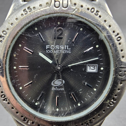 Fossil Blue Dive Watch Men 38mm Black Dial Silver Tone Date AM-3198 New Battery1