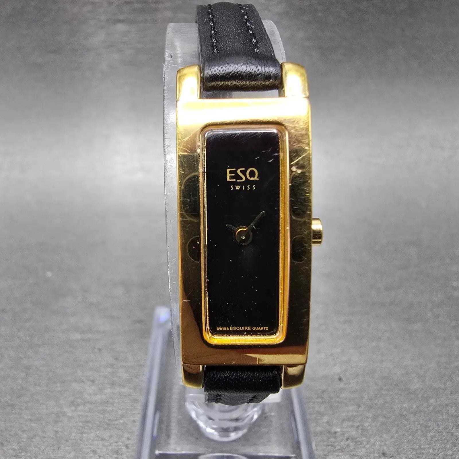 ESQ Tank Watch Women 13mm Black Dial Gold Tone Rectangle 100677 New Battery0