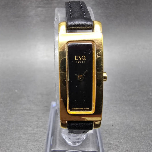 ESQ Tank Watch Women 13mm Black Dial Gold Tone Rectangle 100677 New Battery0