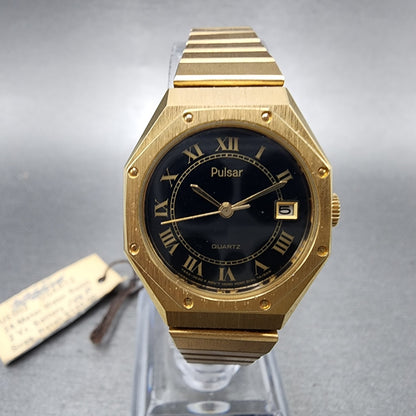 Pulsar Watch Women 24mm Black Dial Gold Tone Date Round Y6420030 New Batt NOS3