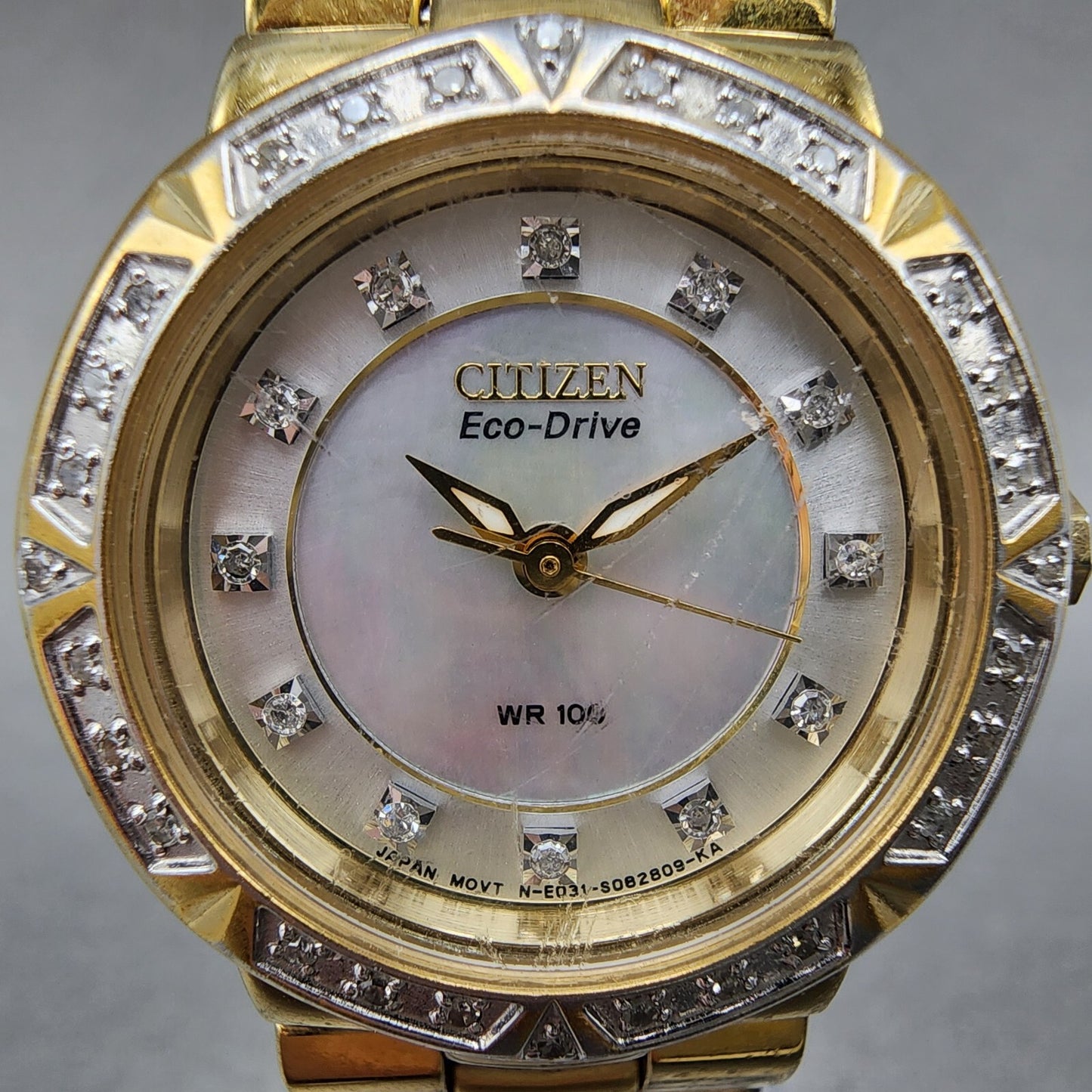 Citizen EcoDrive Watch Women 27mm MOP Dial Gold Tone Diamond Bezel Round Works1