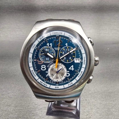 Swatch Irony THE CHRONO Watch Men Blue Dial Silver Tone Date YOS410 New Battery0