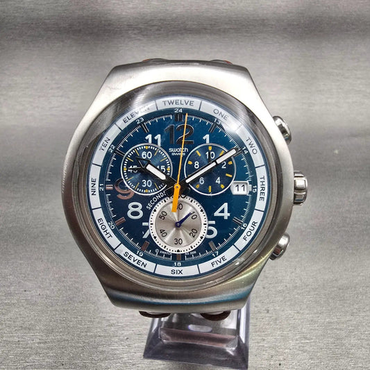 Swatch Irony THE CHRONO Watch Men Blue Dial Silver Tone Date YOS410 New Battery0