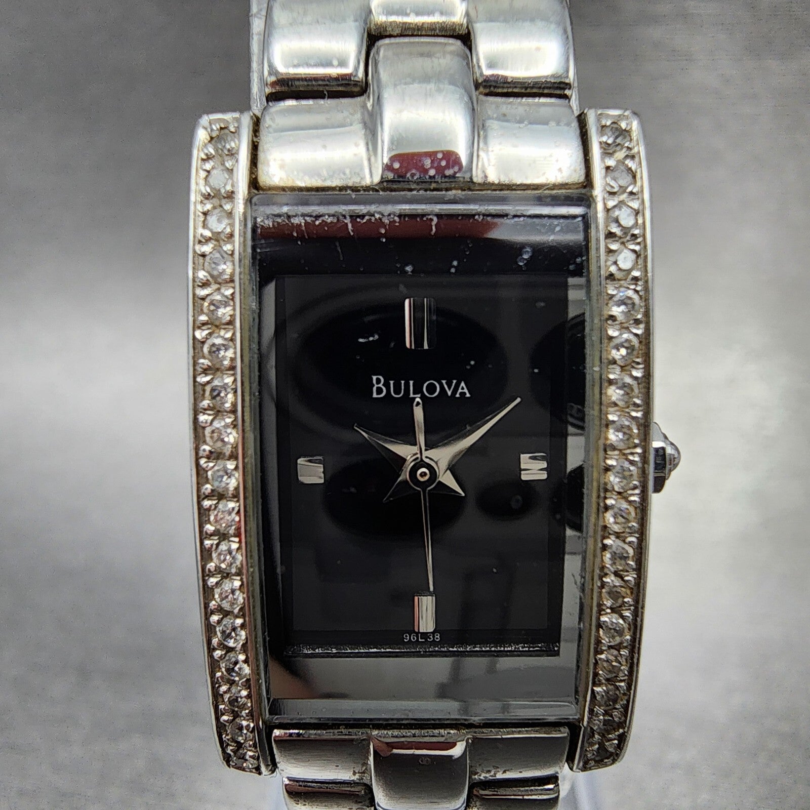 Bulova Tank Watch Women 18mm Black Dial Steel Crystals Rectangle New Battery1